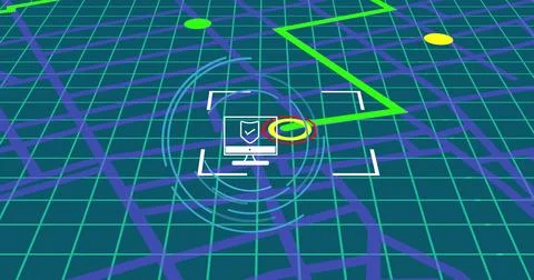 Digital map interface displaying computer icon with security symbols Stock Photos