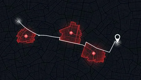 Digital map interface showing route passing red restricted zones or traffic jams Stock Illustration
