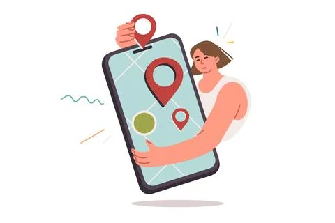 Digital map in mobile phone in hands of woman using online navigator to easily Illustrazione stock