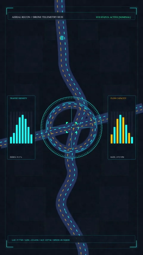 Digital map navigation loop animation with HUD interface elements and data Stock Footage 347562455