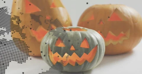 On digital map overlay appearing, it sweeping pumpkins while code text fading Stock Footage 317772750