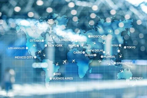Digital map with planes around the world concept. Blue Maps Aviation wallpaper Stock-Illustration