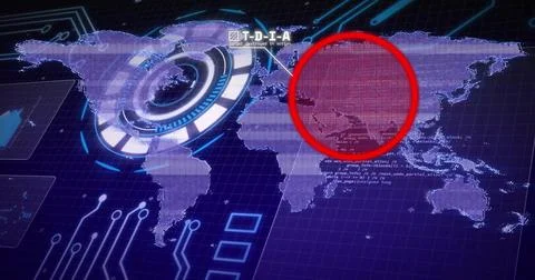 Digital map showing HUD rings, receiving data input, highlighting East Asia red Illustrazione stock