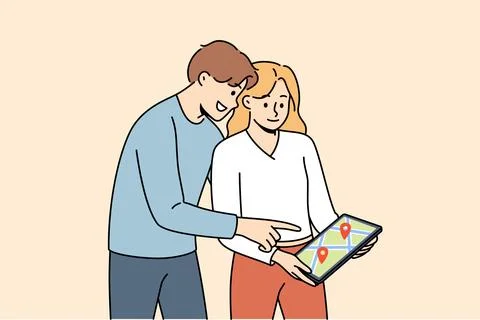 Digital maps are used by man and woman to plot route while traveling to new city Ilustración de archivo