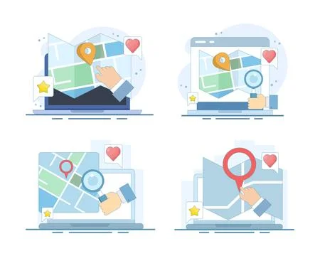Digital maps set featuring a laptop displaying navigation software Stock Illustration