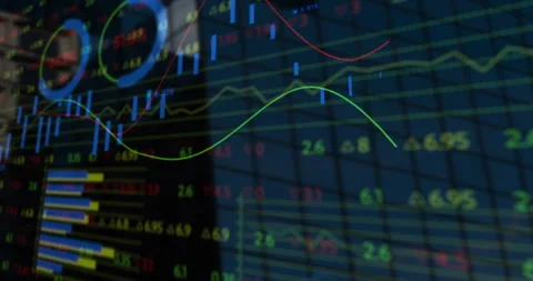 Digital market chart display being animated in trading office, with candlesticks Stock Footage 309282438
