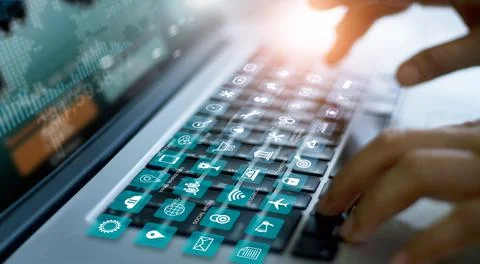 Digital marketing, Algorithm and data networking, Man using laptop with icon Stock Photos