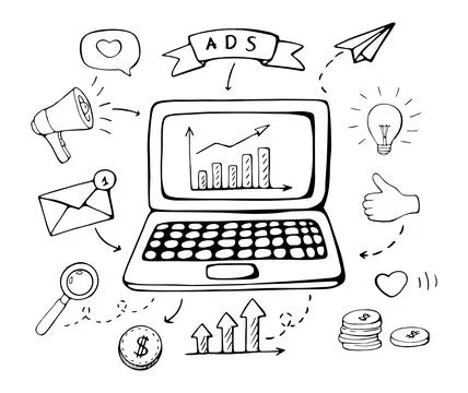 Digital marketing analytics doodle set laptop business growth strategy hand.. Stock Illustration