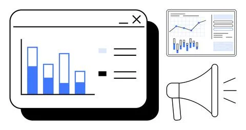 Digital Marketing and Data Analysis with Bar Charts, Line Graph, and Megaphon Illustrazione stock