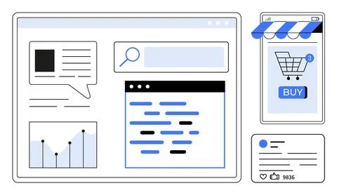 Digital Marketing and E-commerce Elements in Flat Vector Design Illustrazione stock