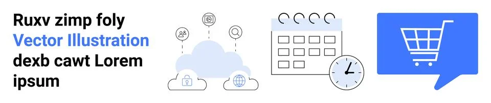 Digital Marketing and E-commerce Elements Cloud, Calendar, Clock, Shopping Ca Stock Illustration