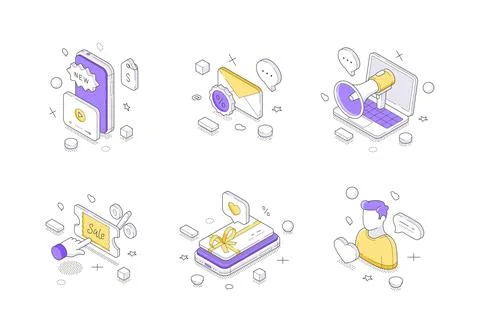 Digital Marketing And E-Commerce Promotion Isometric Vector Illustration Ic.. Stock Illustration