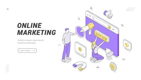 Digital marketing and SEO analytics isometric banner template. Online promoti Illustrazione stock