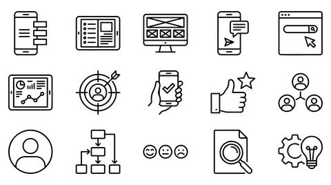 Digital marketing and user experience interface outline icon set collection Stock Illustration