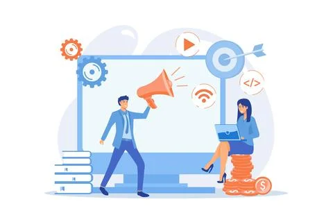 Digital marketing benefit. Web analytics. Programmers working in team. Mark.. Stock Illustration
