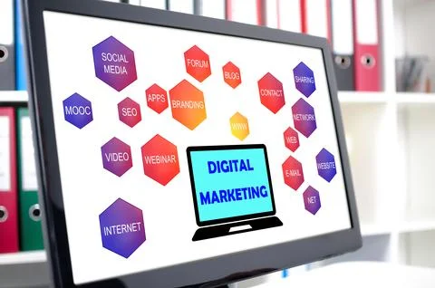 Digital marketing concept on a computer screen Stock Photos