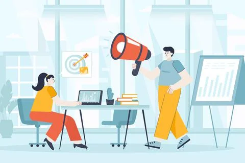 Digital marketing concept in flat design. Marketers team works in office scene Illustrazione stock