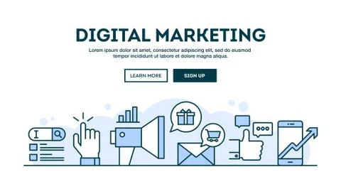 Digital marketing, concept header, flat design thin line style Stock Illustration