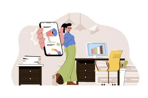 Digital marketing concept. Marketer analyzes data, makes advertising campaign Stock Illustration