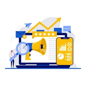 Digital marketing concept with tiny character. Social network and media com.. Stock Illustration
