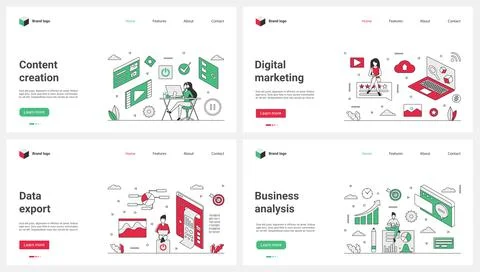 Digital marketing, data analysis, import and export, content creation set and Stock Illustration