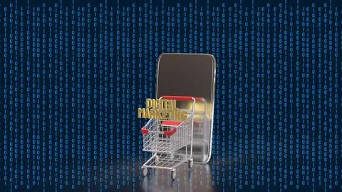 Digital Marketing E commerce Concept with Shopping Cart and Smartphone 3d r.. Stock Photos