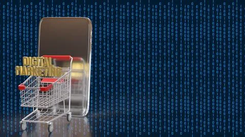 Digital Marketing E commerce Concept with Shopping Cart and Smartphone 3d r.. Stock Photos