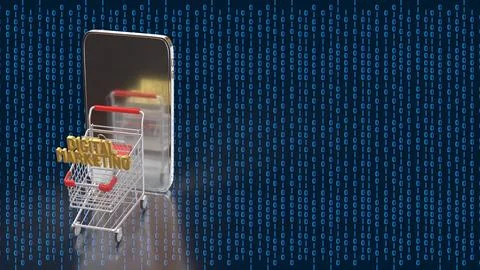 Digital Marketing E commerce Concept with Shopping Cart and Smartphone 3d r.. 写真素材