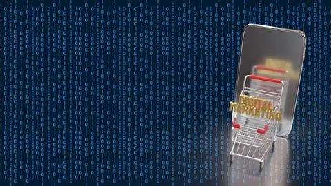 Digital Marketing E commerce Concept with Shopping Cart and Smartphone 3d r.. Stock Photos