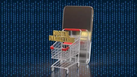 Digital Marketing E commerce Concept with Shopping Cart and Smartphone 3d r.. 写真素材