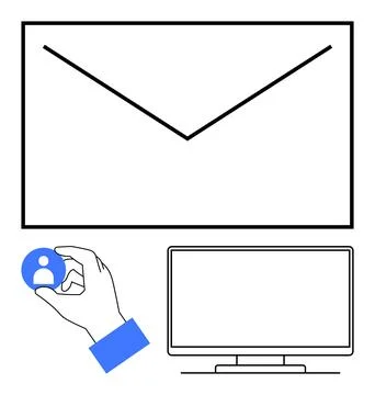 Digital Marketing Elements Email Envelope, Computer Monitor, and Social Med.. Illustrazione stock