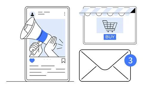 Digital Marketing Elements Representing Social Media Promotion, E-Commerce,.. 스톡 일러스트