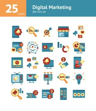 Digital Marketing flat icon set. Vector and Illustration. Ilustración de archivo
