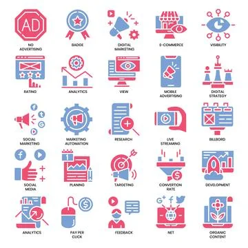 Digital marketing, Flat two-color icon set, and Pixel Perfect Icons set. Stock Illustration