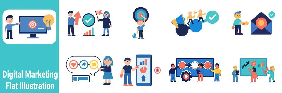 Digital marketing flat vector illustration set with business strategy Illustrazione stock