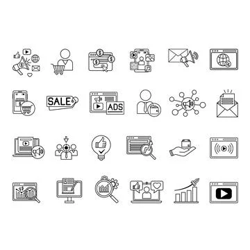 Digital Marketing Icon Set. Vector Illustrations Clients, SEO, Website, Sal.. Stock Illustration