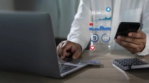 Digital marketing performance and analytics concept with ads dashboard, cam.. Stock Photos