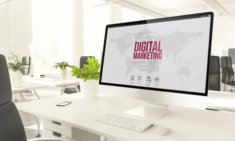 Digital marketing screen mockup computer in loft office Stock Illustration