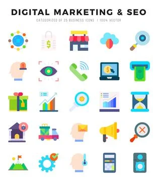 DIGITAL MARKETING &amp; SEO elements. Flat web icon set. Simple vector illustra.. Illustrazione stock