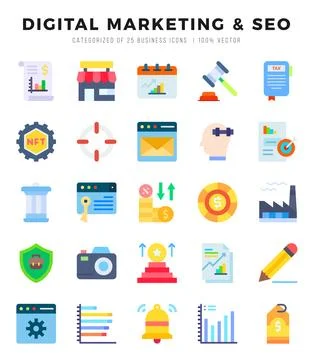 DIGITAL MARKETING &amp; SEO elements. Flat web icon set. Simple vector illustra.. Stock Illustration