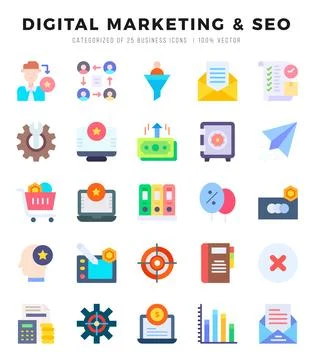 DIGITAL MARKETING &amp; SEO elements. Flat web icon set. Simple vector illustra.. Stock Illustration