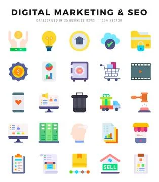 DIGITAL MARKETING &amp; SEO elements. Flat web icon set. Simple vector illustra.. Stock Illustration