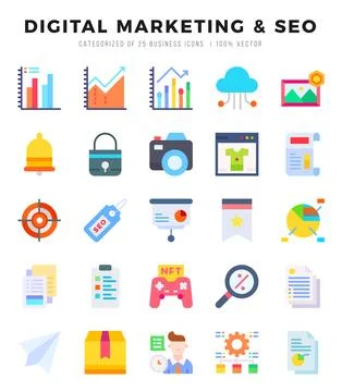 DIGITAL MARKETING &amp; SEO elements. Flat web icon set. Simple vector illustra.. Illustrazione stock