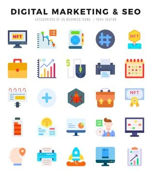 DIGITAL MARKETING &amp; SEO elements. Flat web icon set. Simple vector illustra.. Stock Illustration