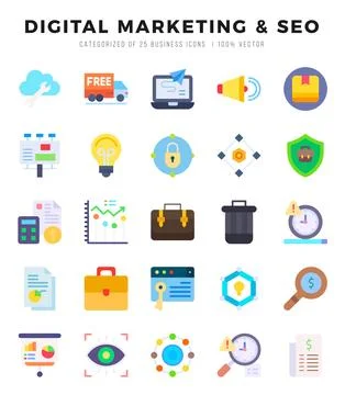 DIGITAL MARKETING &amp; SEO elements. Flat web icon set. Simple vector illustra.. Illustrazione stock