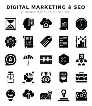 Digital Marketing &amp; SEO elements. Glyph web icon set. Simple vector illustr.. 스톡 일러스트