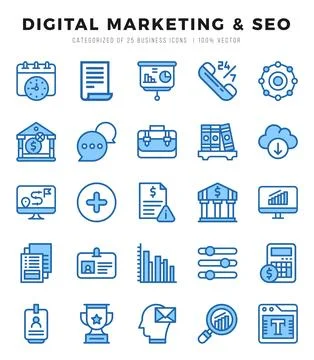 Digital Marketing &amp; SEO elements. Two Color web icon set. Simple vector ill.. Stock Illustration