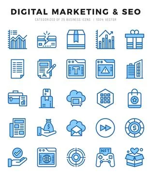 Digital Marketing &amp; SEO elements. Two Color web icon set. Simple vector ill.. Stock Illustration
