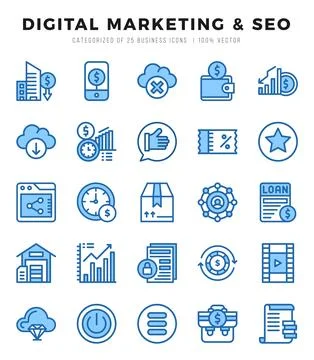 Digital Marketing &amp; SEO elements. Two Color web icon set. Simple vector ill.. Stock Illustration
