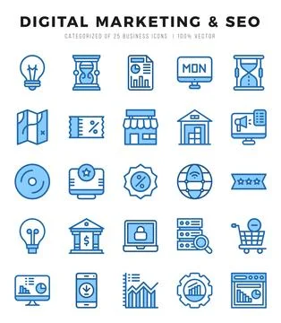 Digital Marketing &amp; SEO elements. Two Color web icon set. Simple vector ill.. Stock Illustration